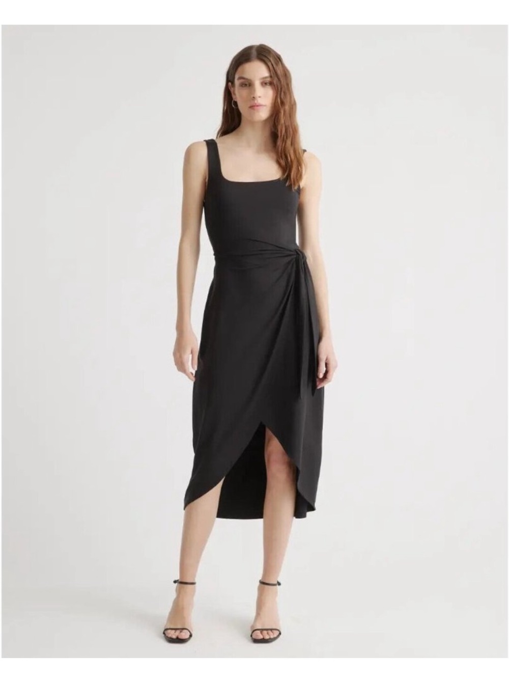Quince Black Tencel Jersey Side Tie Dress Sleeveless Midi Wrap sz L Women's NWT